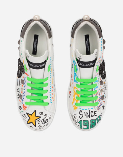 D&G Calfskin Portofino Sneakers With Embroidery And Studs