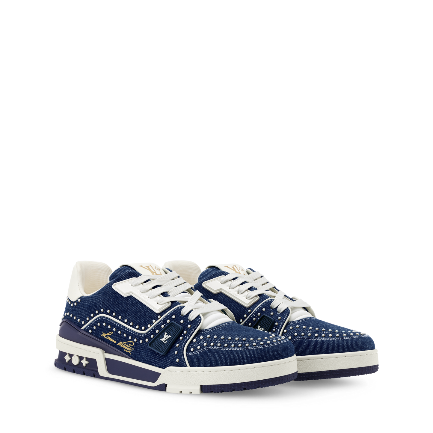 Louis Vuitton LV Trainer Indigo Blue Denim Sneakers with Swarovski™ Pearls